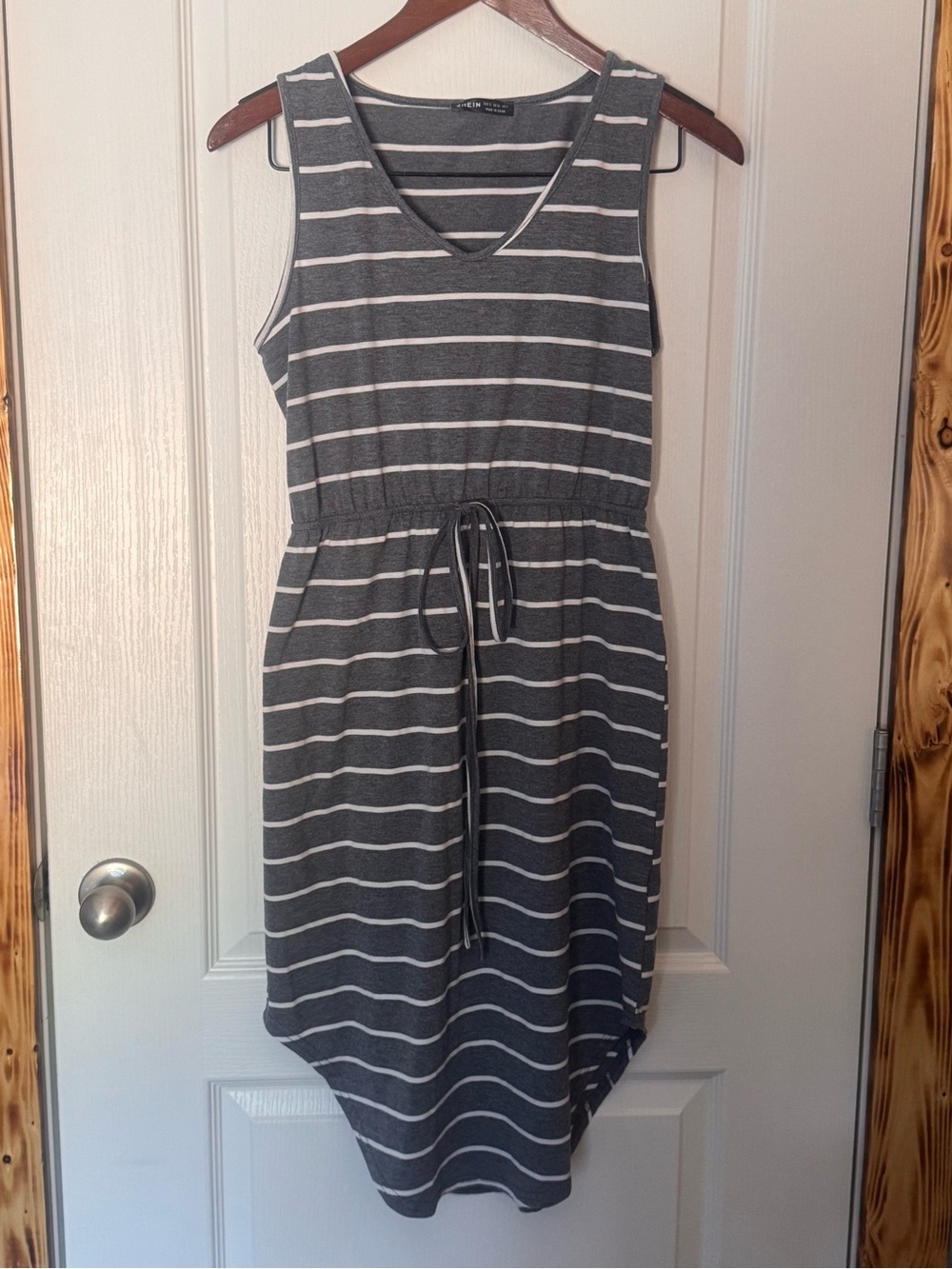SHEIN Gray and White Striped V-Neck Drawstring Midi Dress